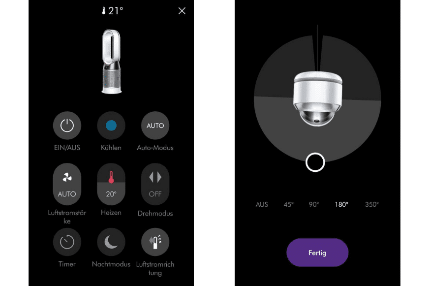 Interface de contrôle de l'application Dyson du Dyson Pure Hot+Cool HP04